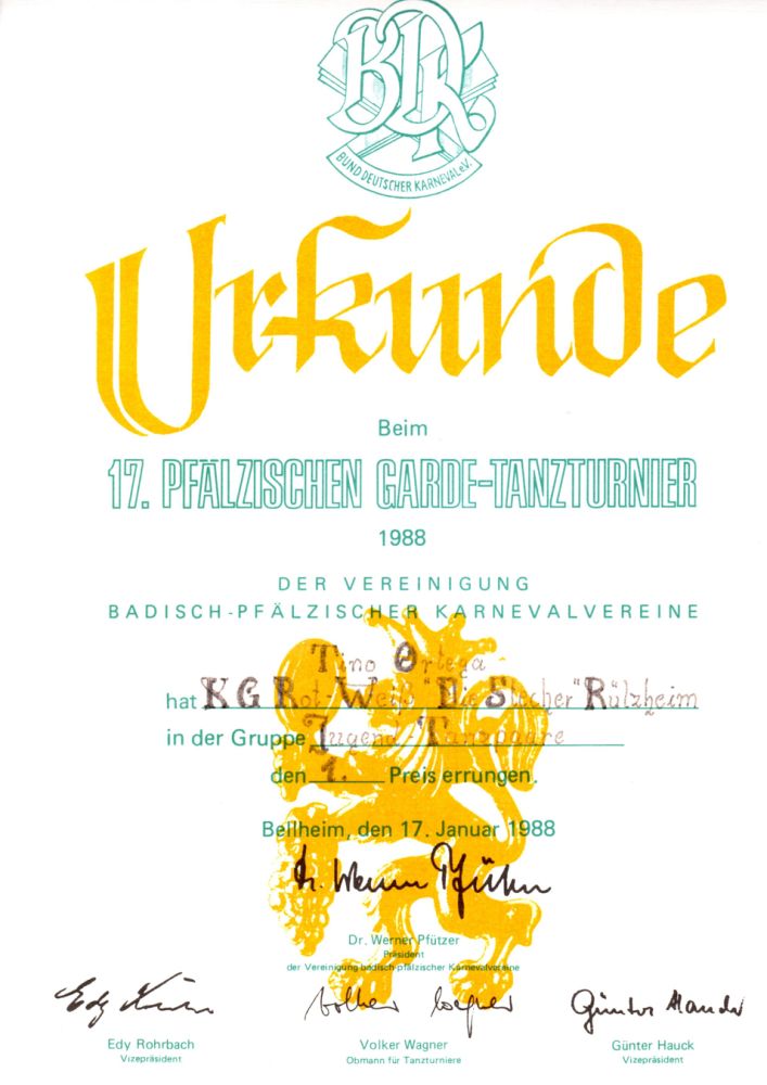 Urkunde 1988 Tanzpaar